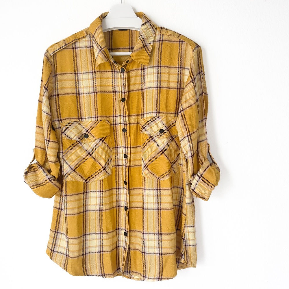 SANCTUARY Boyfriend Plaid Shirt Soft Oversized Roll-tab Sleeves Yellow Size S